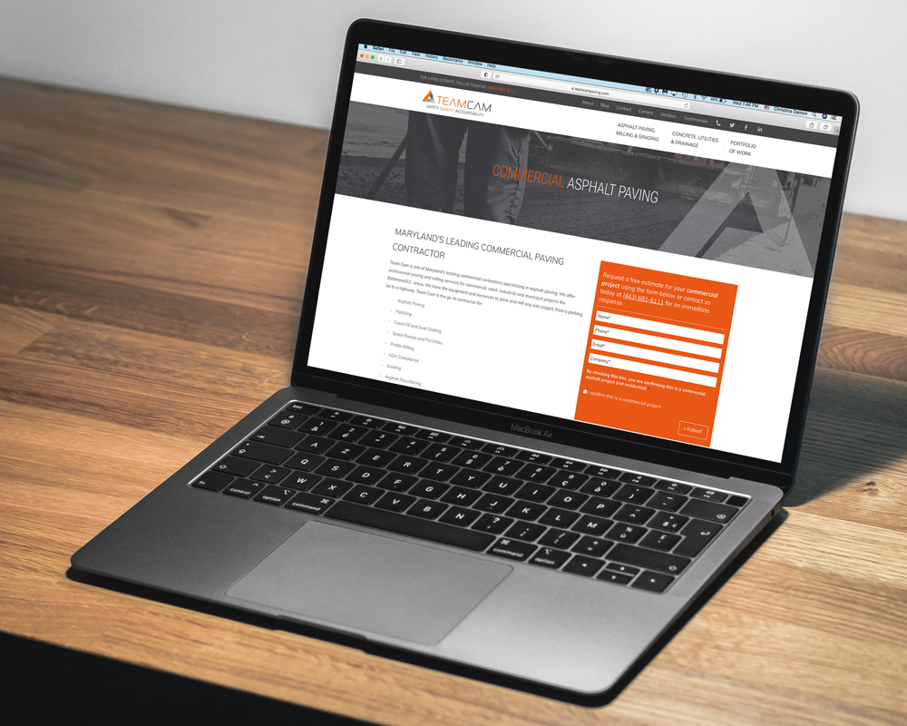 Team Cam website and email marketing brand strategy paving contractor landing page design