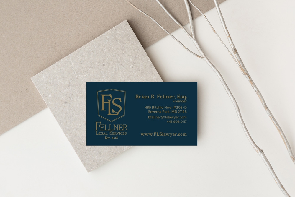 Business cards, marketing for Fellner Legal Services, Maryland lawyer, public relations